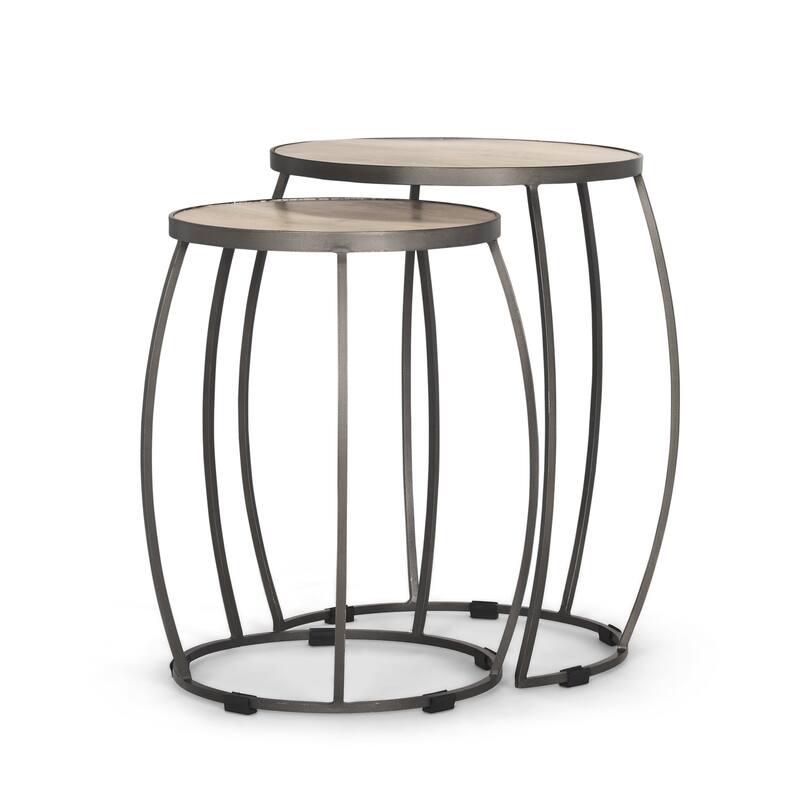 Clapp Round Light Brown W/ White Wash Wood and Silver Metal Nesting Accent Tables (Set of 2) - 22.0L x 22.0W x 26.0H - Light Brown