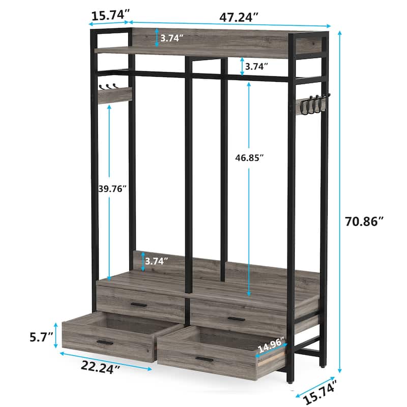 47.2" W Freestanding Closet Organizer for Hanging Clothes, Heavy Duty Garment Rack with 4 Drawers, 8 Hooks and Storage Shelves