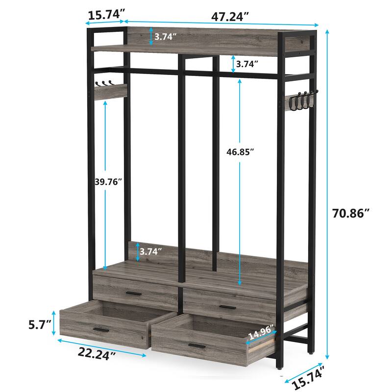 Freestanding Closet Organizer, 47-in Heavy Duty Garment Rack with Drawers and Hooks