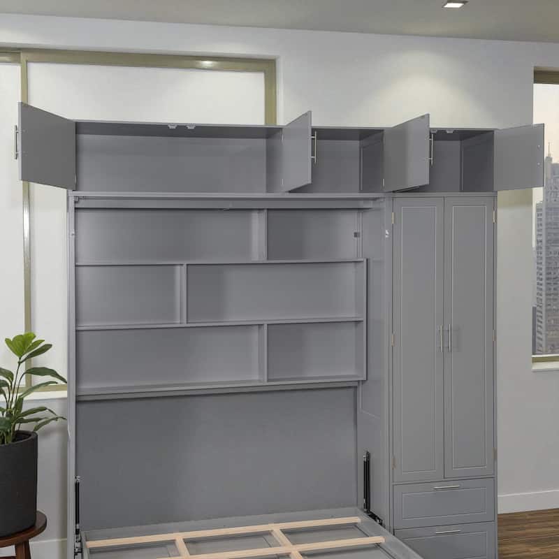 Queen Murphy Wall Bed with Top Cabinets, Shelves & Wardrobe, Space-Saving Foldable Bed with Storage