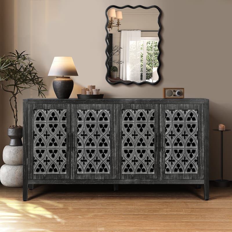 Antique Black Country Style 59.8" TV Stand Cabinet with Wooden Hollowed Out Door and Storage Shelf for Living Room - Antique Black