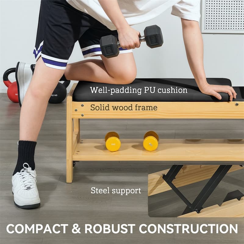 Adjustable Dumbbell PU Padding Bench with Storage Rack and Wood Frame for Home Gym - 46.9" L x 14.8" W x 16.9" -44.1" H