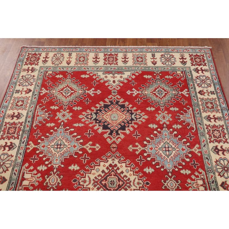 Geometric Red Kazak Rug Hand-Knotted Bedroom Wool Carpet - 4'10" x 6'9"