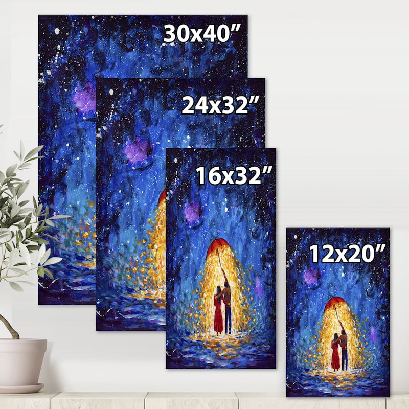 Designart "Couple In Love Walks Under Glowing Umbrella" French Country Canvas Wall Art Print