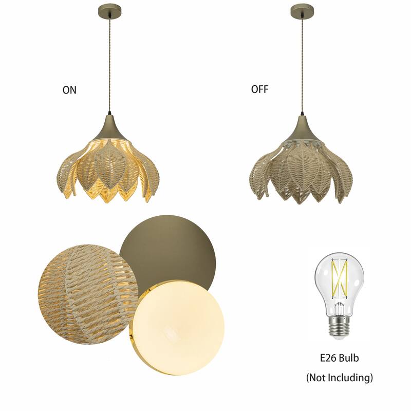 Yume 1-Light Rattan Lotus Pendant, Coastal Boho - Handwoven - 20" Wide