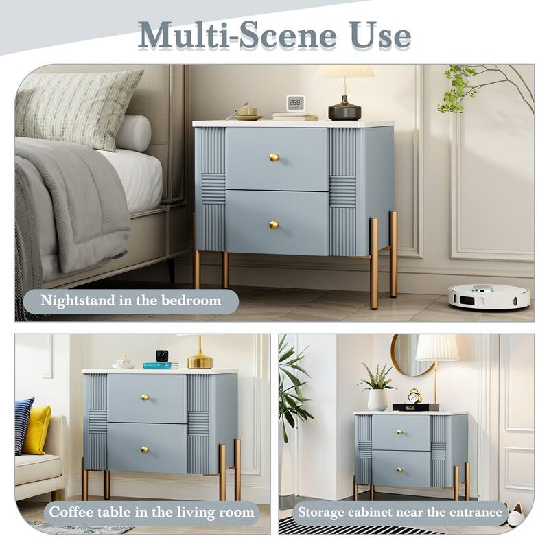 Modern 2-Drawer Fluted Nightstand - Golden Metal Handles/Legs, Easy Assembly Bedside/End Table (Blue)