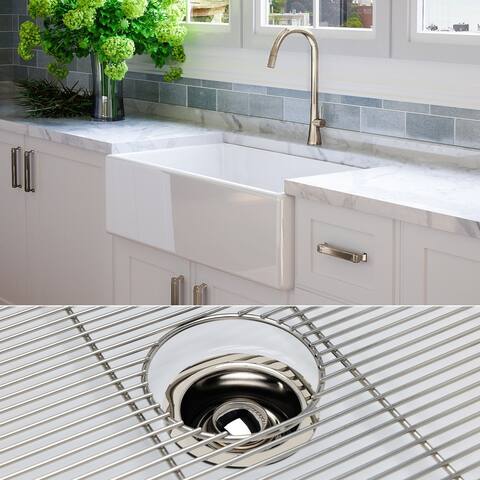 Fossil Blu 33-Inch SOLID Fireclay Farmhouse Sink in White, Polished Nickel Accessories, Flat Front - 33 x 20 x 10