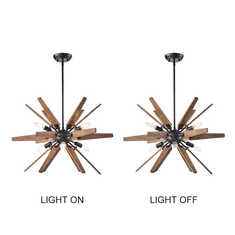 Bernice Antique Black Sputnik Natural Wood 6-light Chandelier