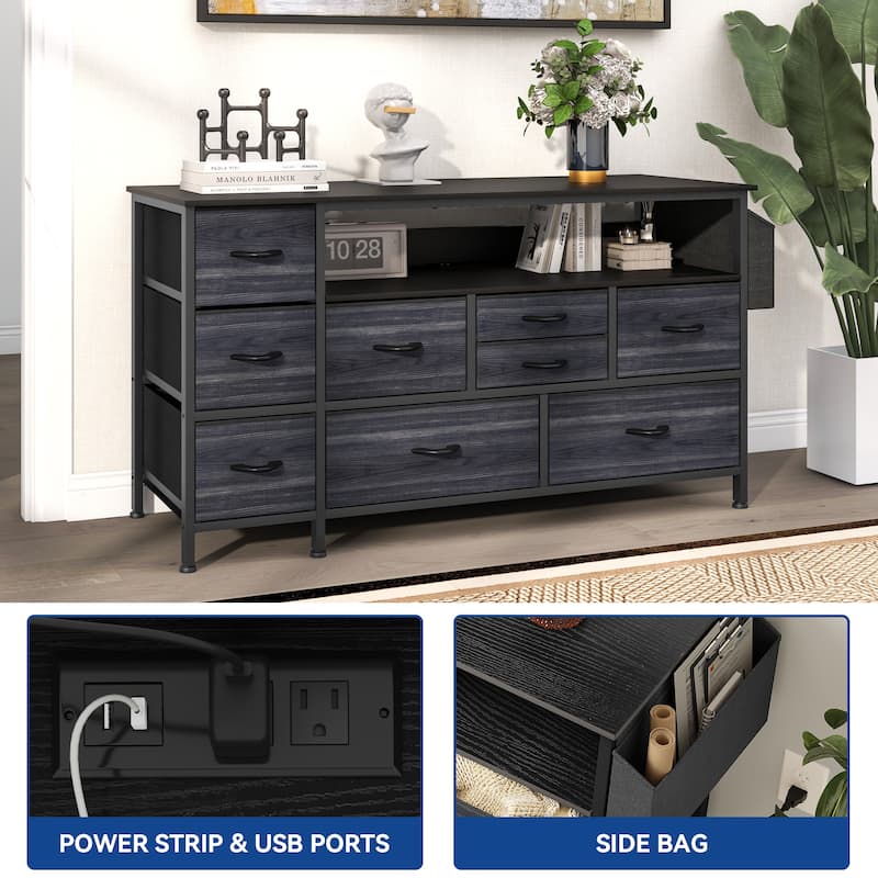 Moasis 50"W 9-drawer Fabric Dresser, Media Console, TV Stand with Outlets, RGB Lights