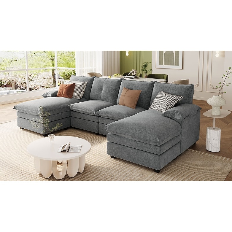 U-Shaped Chenille Sectional - Adjustable Armrest Pillows, Spacious Design for Living Rooms & Offices