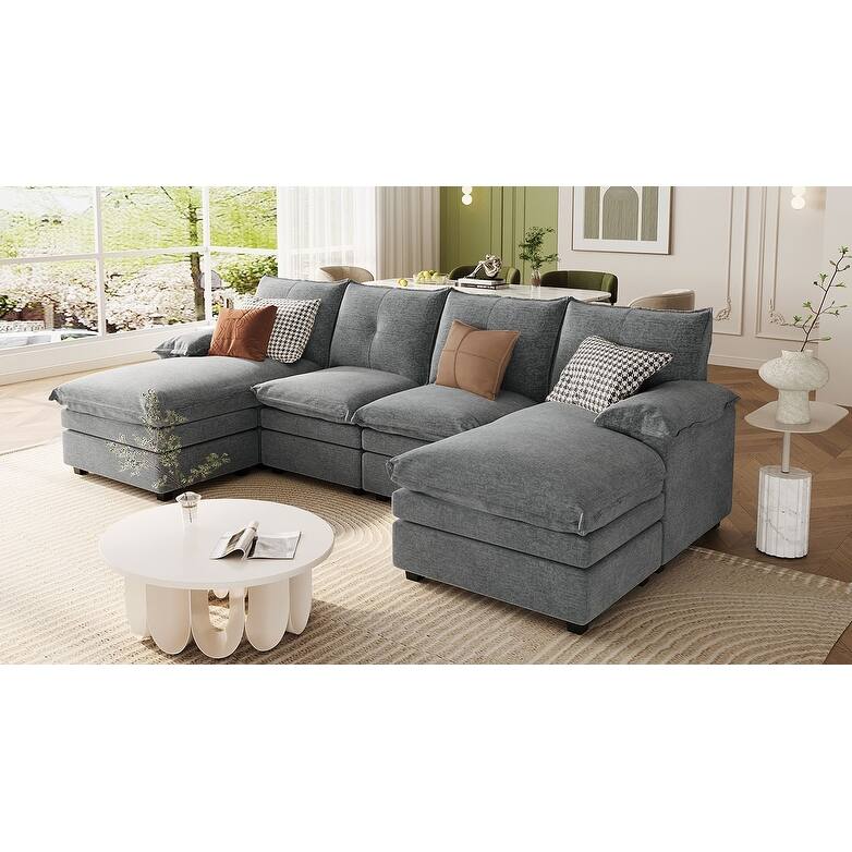 U-Shaped Sectional Sofa, Chenille Fabric Cloud Sofa, 6 Seater Sofa with Adjustable Armrest Pillow for Living Rooms, Office