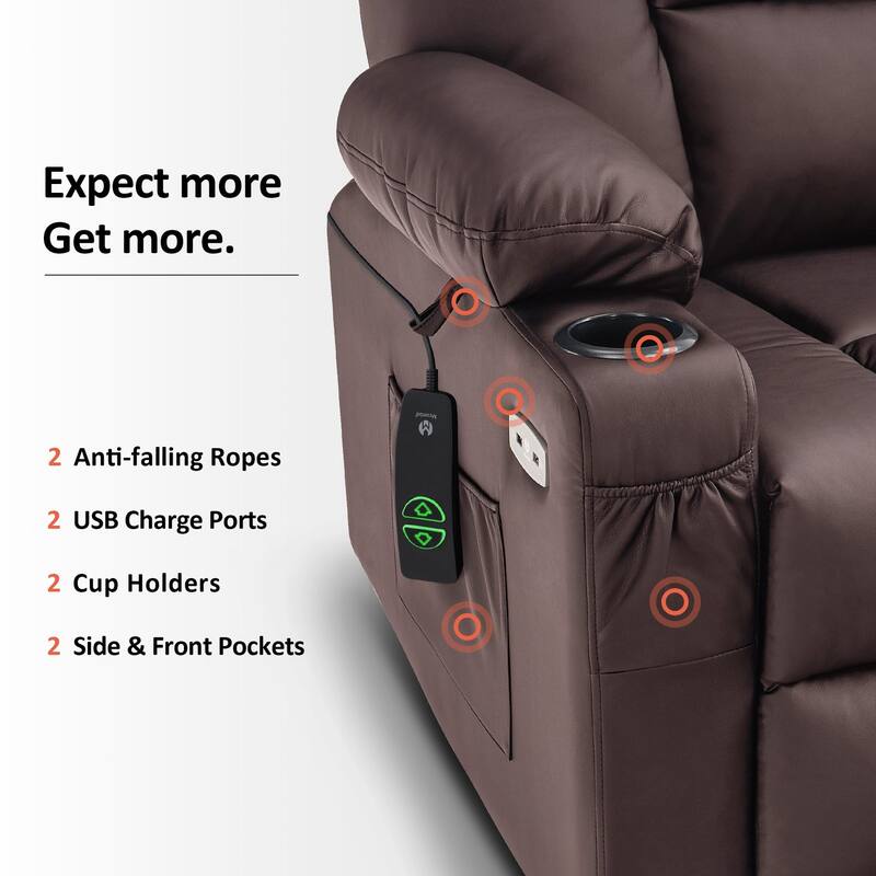 MCombo Power Lift Recliner Chair with Massage and Heat for Elderly, Extended Footrest, USB Ports, Faux Leather(Medium)