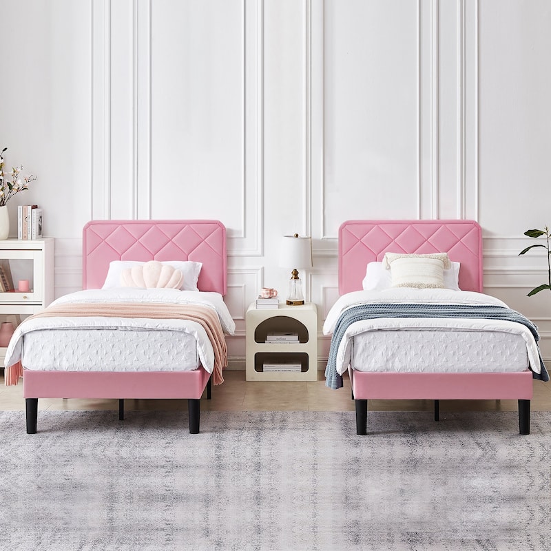 2 Pcs Upholstered Twin Size Platform Bed with Adjustable Headboard - Pink - Twin