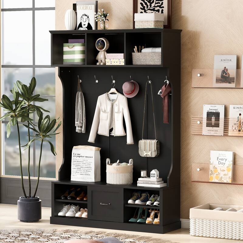 Minimalist Entryway Bench Hall Tree with 6 Hooks, Black Storage Bench Indoor Bench with Open Compartments