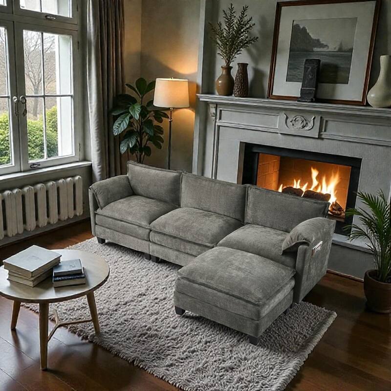 L-Shaped Corduroy Corner Sofa with Storage Armrest Cushions, Modular Cloud Sofa, 3-Seat Sectional