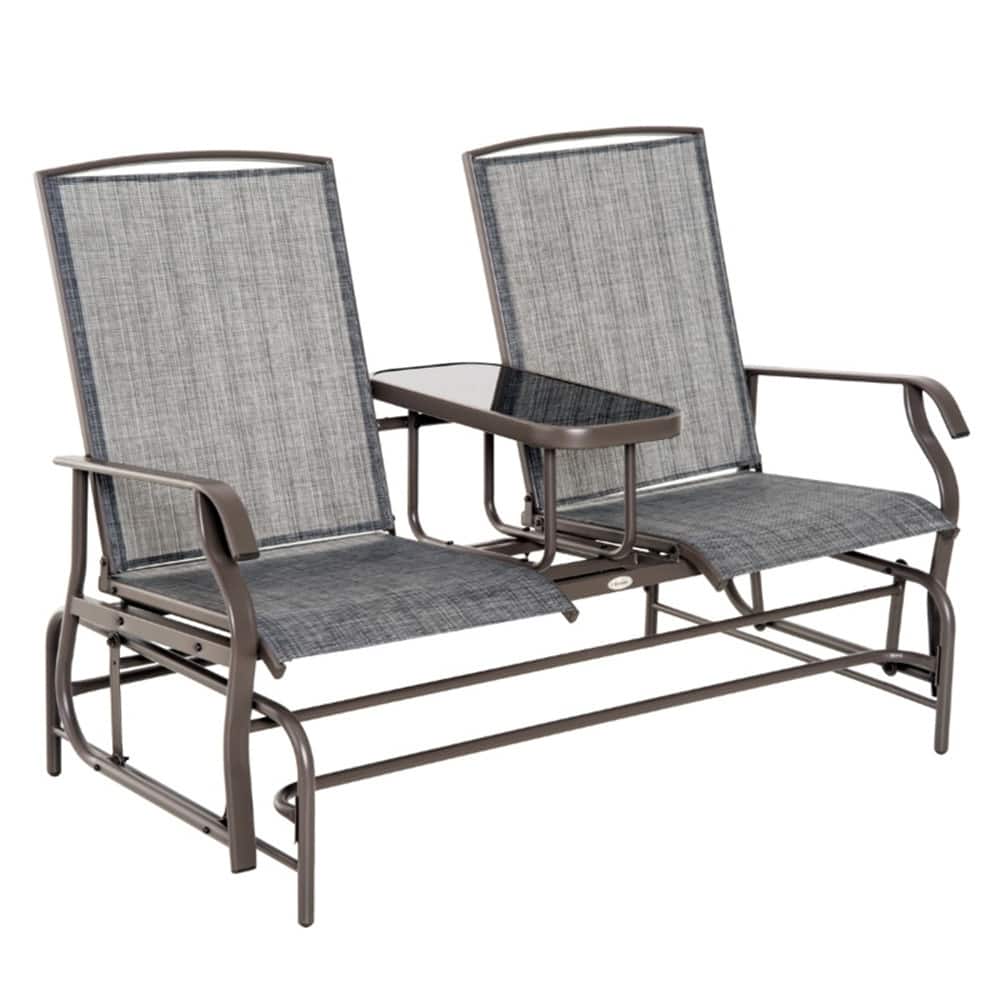 Outdoor 2 Person Grey Sling Fabric Seating Glider Bench with Center Table and Steel Frame - 32" D x 58.25" W x 39.25" H