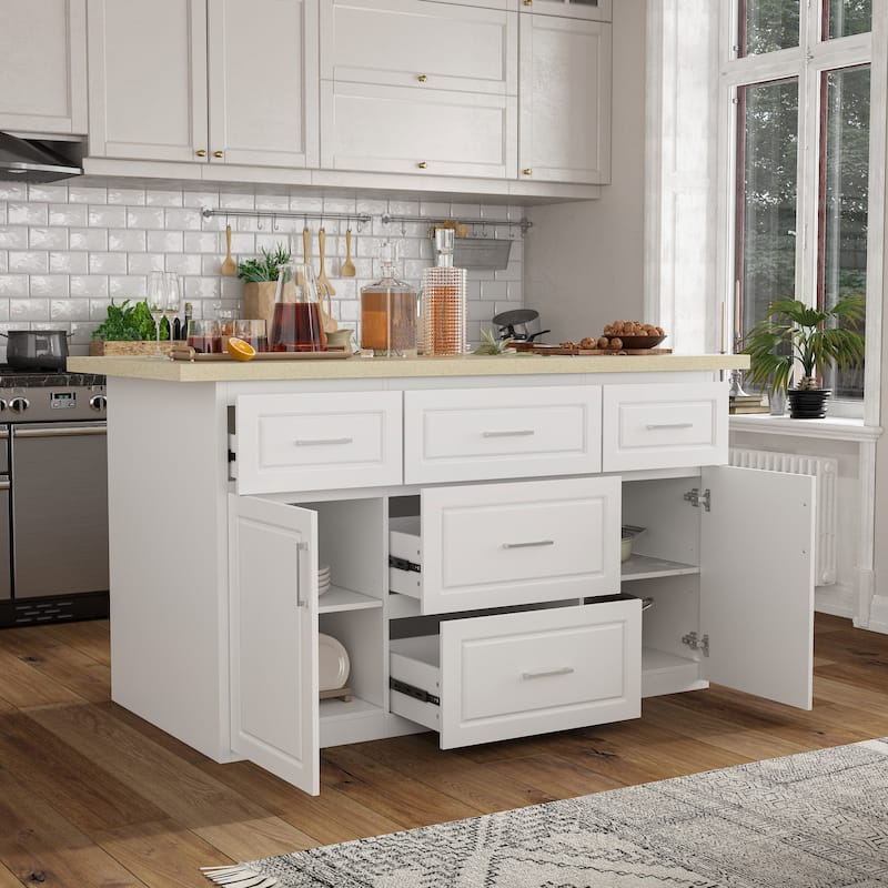 Kitchen Island with Drawers Cabinets High Gloss Stone-Like Countertop Wardrobe Storage Cabinet - 66.9"W