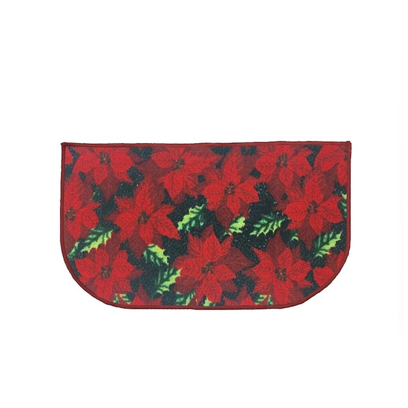 Christmas Design Kitchen Rug - Santa, Reindeer, Snowman, Poinsettia With Latex Backing - Red Poinsettia - 18"x30" D-Shape
