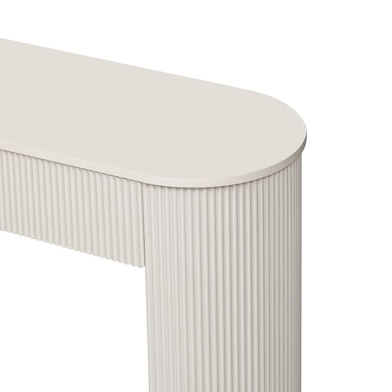 Fluted Console Table with 2 Drawers, Oval Top Entryway Table Champagne White Accent Table Sofa Table