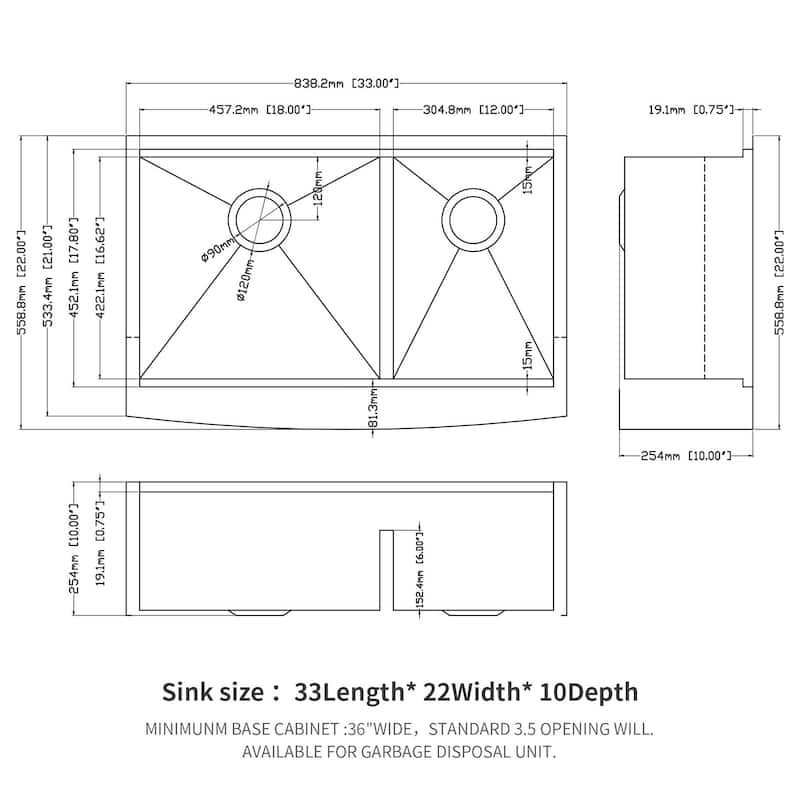 Double Bowl(60/40) Farmhouse Sink Workstation, 33 Inch Apron Front Kitchen Sink - 33x22x10 inch