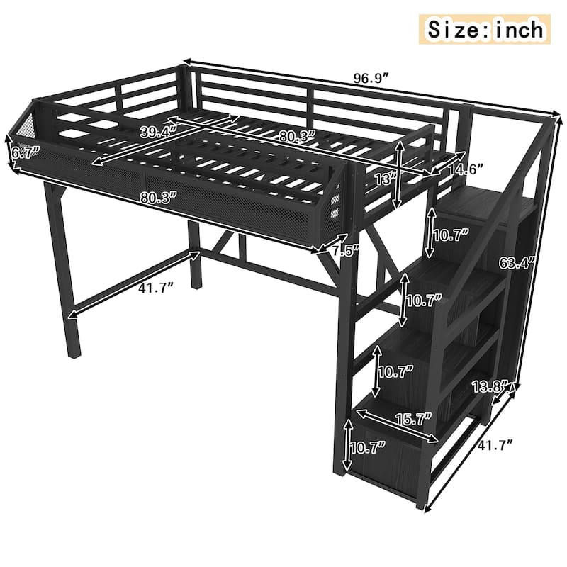 Twin XL Loft Bed with Storage Stairs, Shelves and Built-in Wardrobe, Metal Loft Bed Frame with USB Ports and LED Lights
