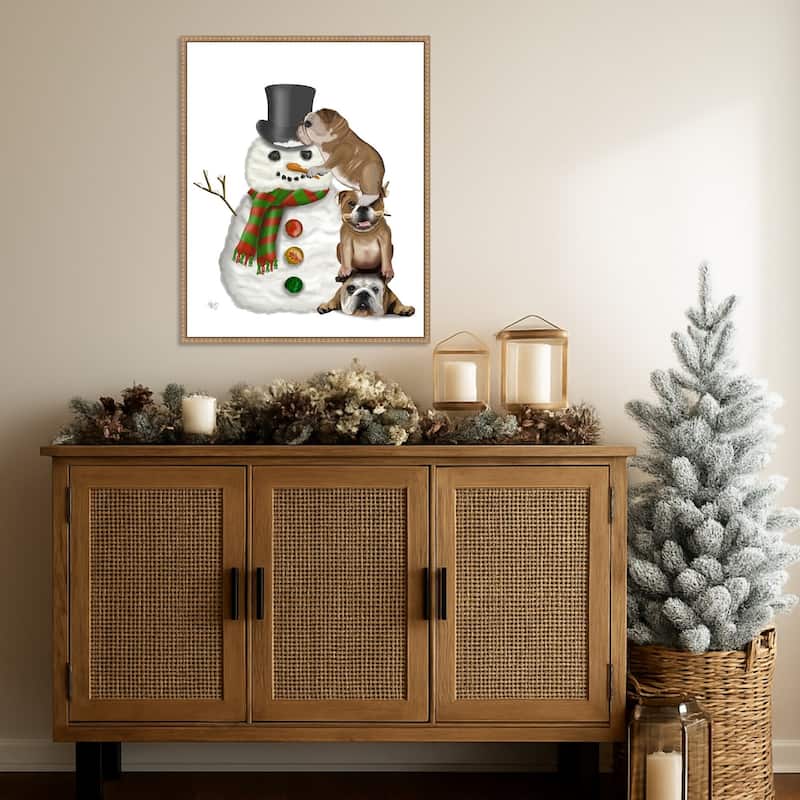 Christmas English Bulldogs Building Snowman by Fab Funky (23 x 28 in.), Framed Canvas Wall Art Print