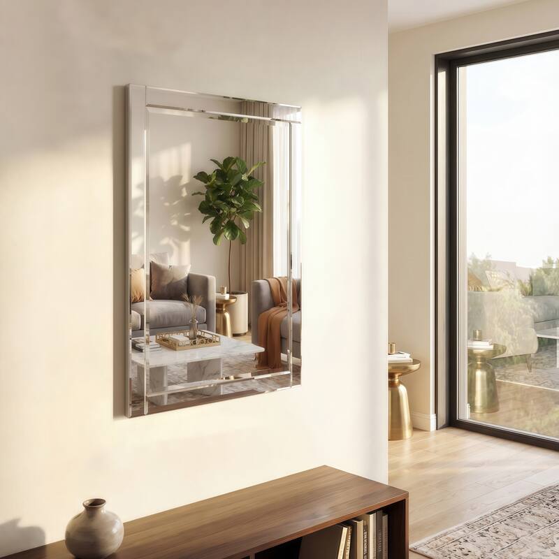 Beveled Rectangle 1"-Beveled Center Wall Mirror with Solid Wood Frame - Clear