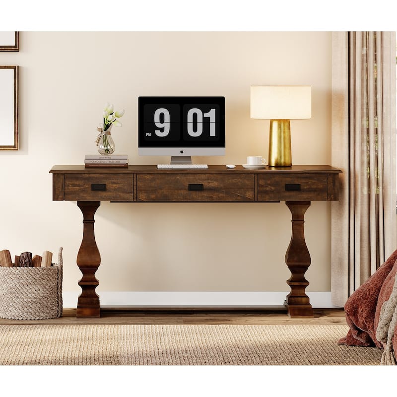 Vintage Rustic Executive Desk with Charging Station Home Office Table