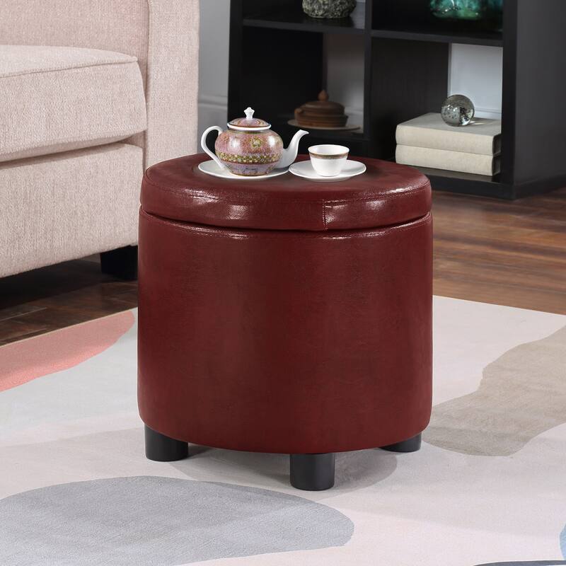 Convenience Concepts Designs4Comfort Round Accent Storage Ottoman with Reversible Tray Lid - Burgundy Faux Leather