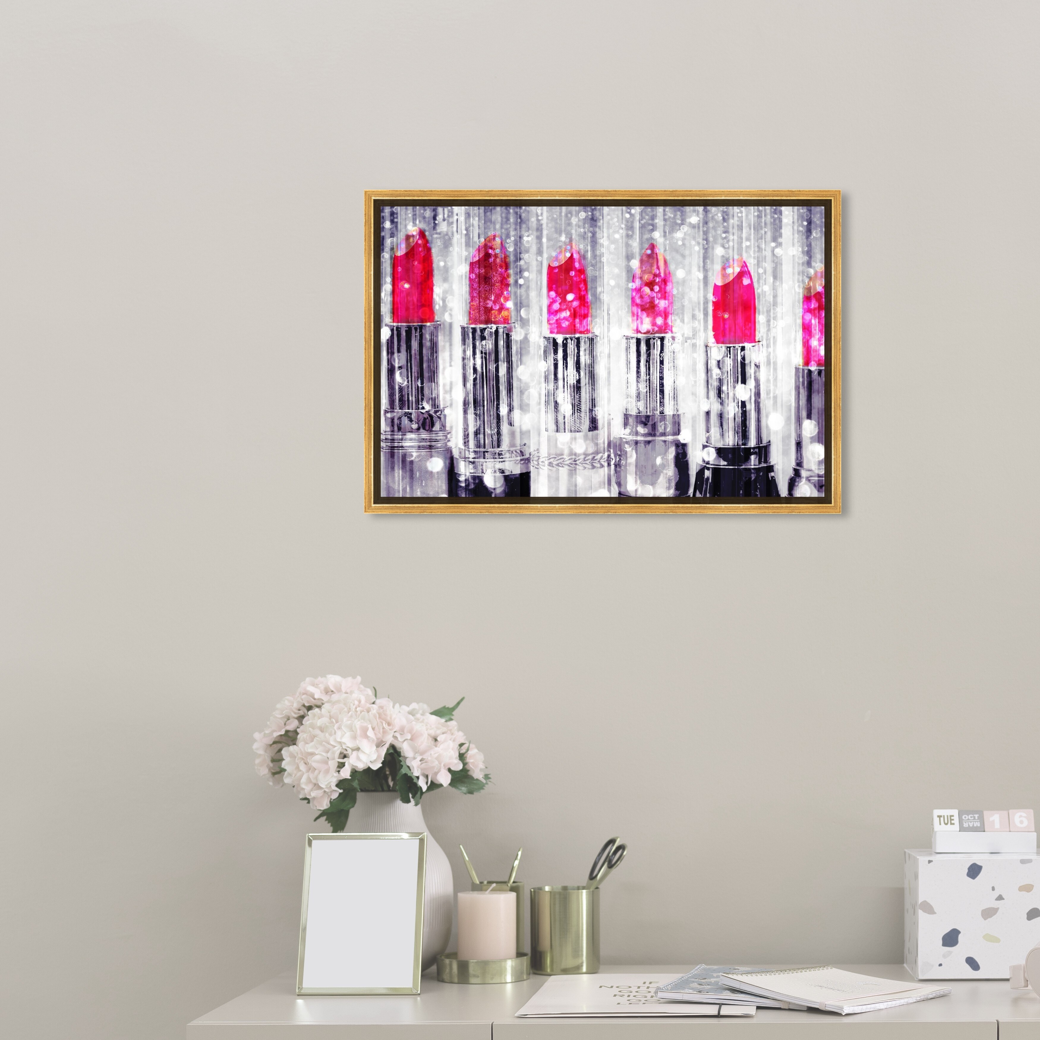 Oliver Gal 'Silver lipstick Collection-CUSTOM' Fashion and Glam Wall Art  Framed Canvas Print Makeup Gray, Pink Bed Bath  Beyond 31794597