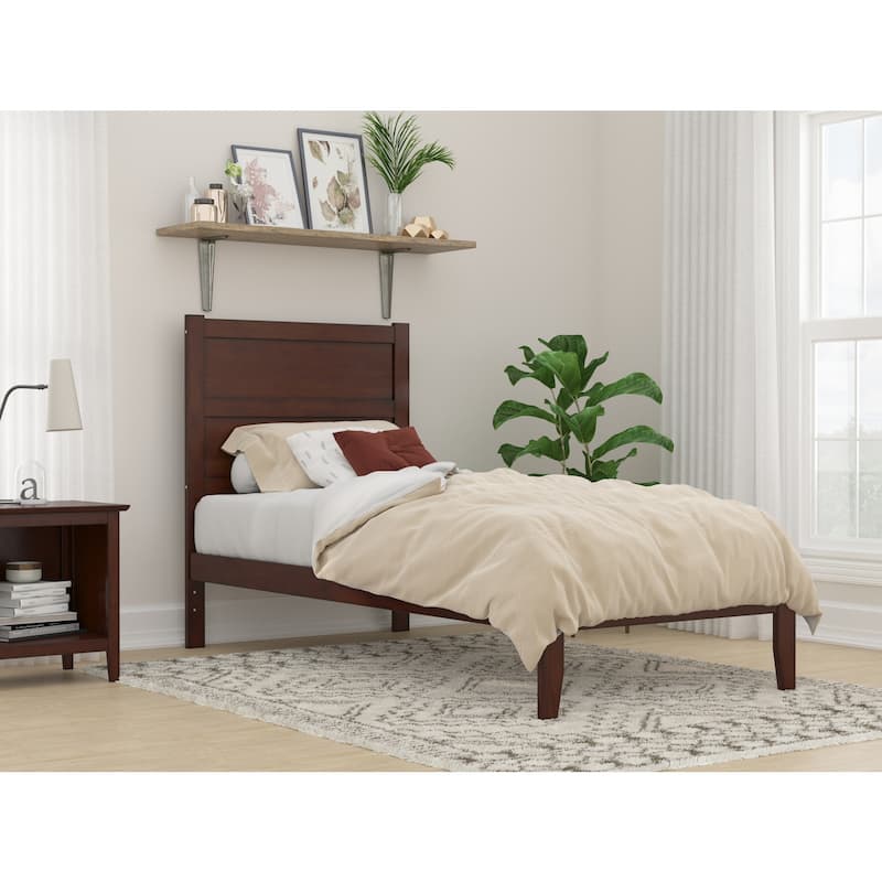 Twin XL Bed Frame Walnut Finish - Modern Platform Bed with Charging Station