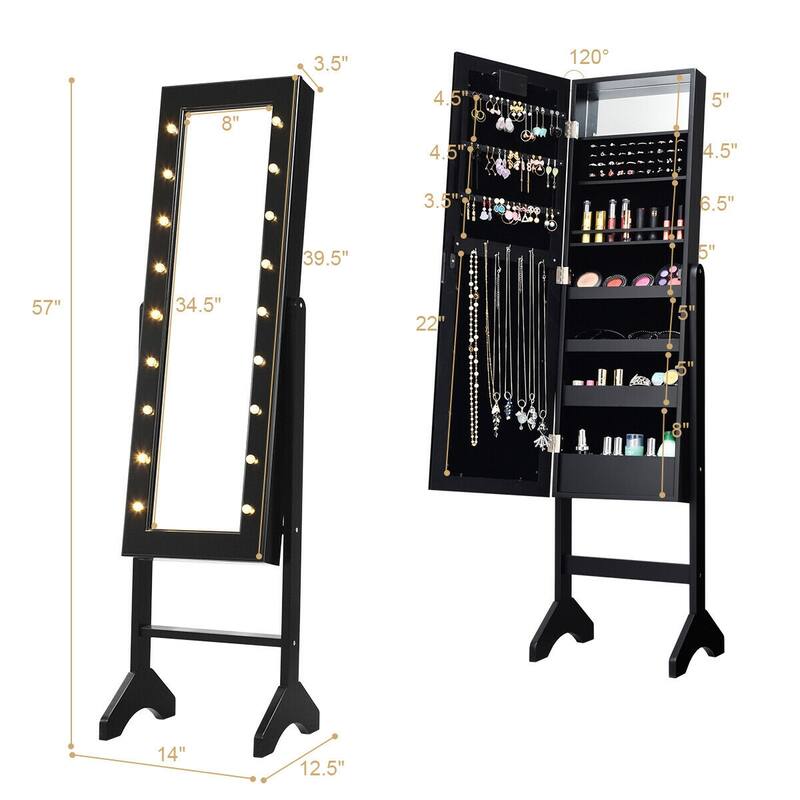 LED-Lighted Standing Jewelry Armoire Storage Cabinet with Full Length Mirror - 14" x 12.5" x 57" (L x W x H) - Black