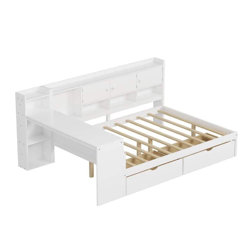 L-Shape Wooden Daybed with Storage, Study Desk, and Built-in Bookshelf, White