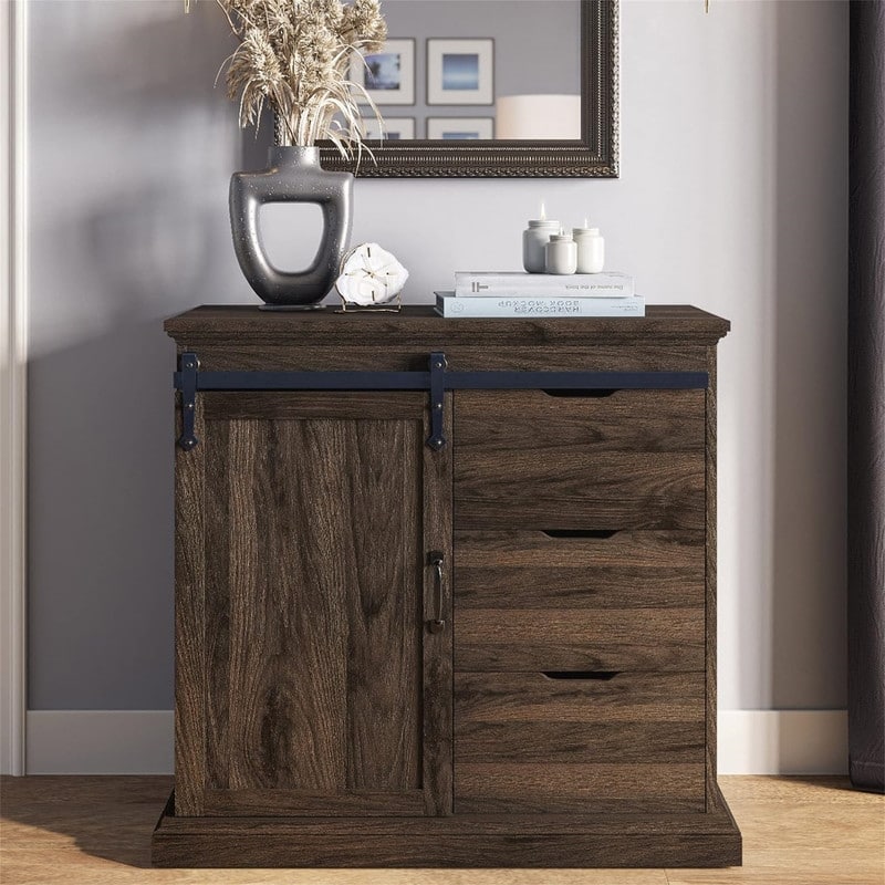 Sideboard Buffet Cabinet - 15.7"D x 31.5"W x 31.8"H - Dark Walnut