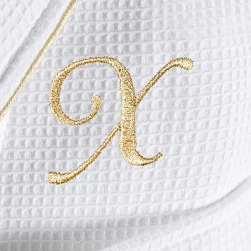 Authentic Hotel and Spa White/Gold Unisex Turkish Cotton Waffle Weave Terry Bath Robe with Gold Script Monogram - L/XL - X