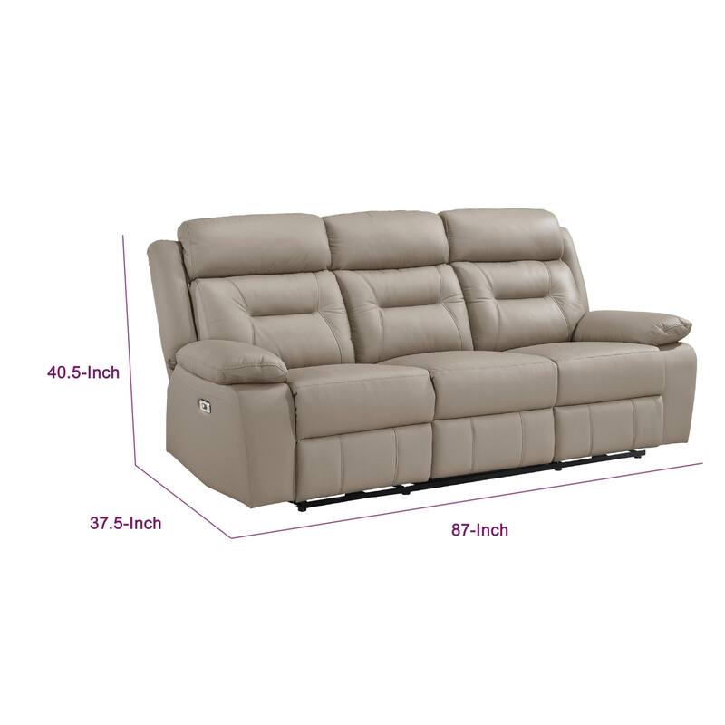 Conia Power Double Reclining Sofa, Latte Beige Leather, USB, 87 Inch