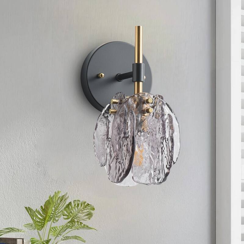 Vintage 1-Light Matte Black and Brass Wall Sconce with Smoked Hand-Blown Glass Shades