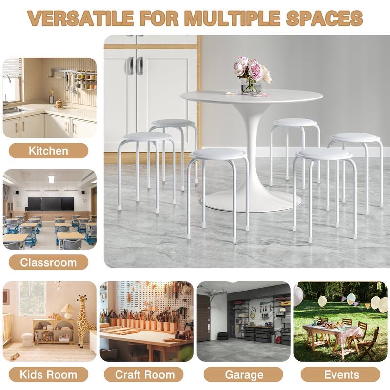 Javlergo Set of 6 Stackable Backless Stools PVC Padded Round Seats with Metal Frame Indoor Outdoor Use for Kitchen Livingroom