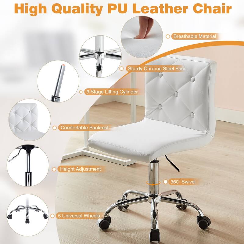 Javlergo Armless Office Desk Chair, PU Leather Mid-Back Adjustable Height 360° Rolling Swivel