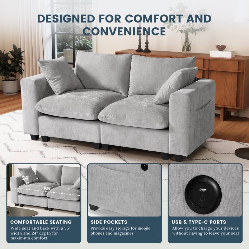 Lucca Chenille Upholstered Modular Loveseat with USB Port