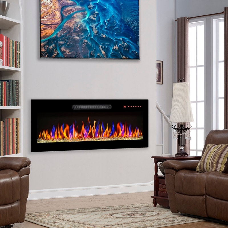 36" Ultra Thin Recessed Wall Mount Electric Fireplace with Multi-Color Flame & Remote - Antique Black