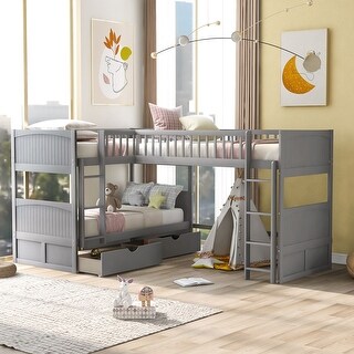 Twin Size Bunk Bed with Attached Loft, 2-Drawers for Storage, Play or Study Space Below, Stylish Grey Design