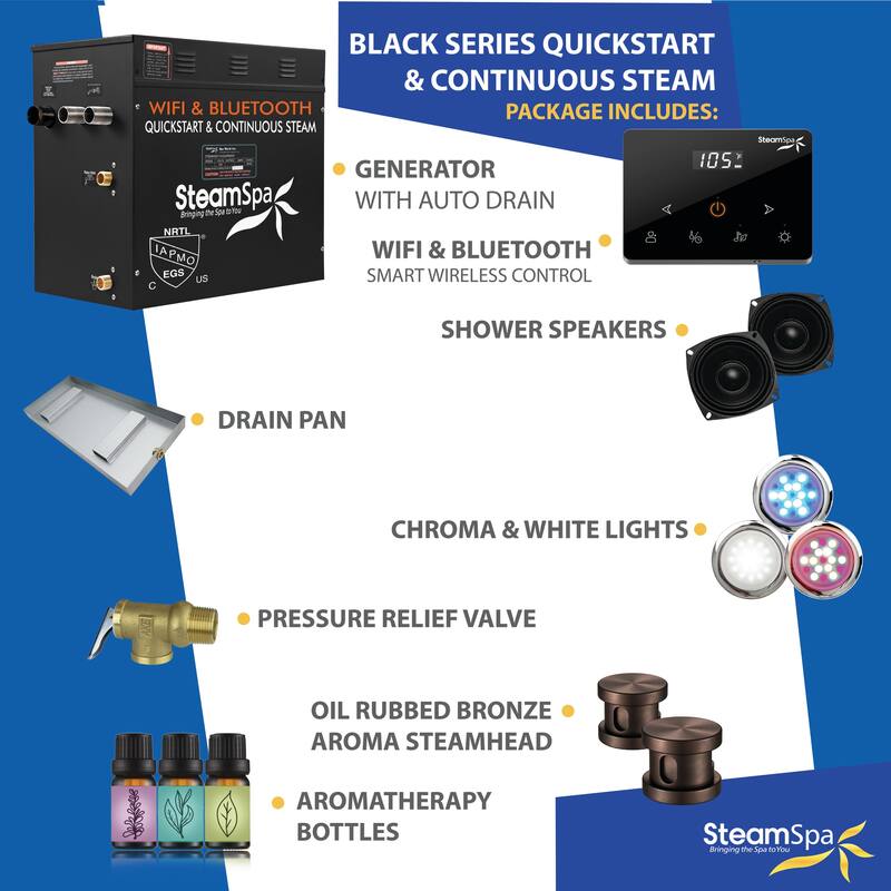 Black Series Steam Bath Generator with Fully Wireless Remote, BLUETOOTH, WIFI, and Auto Drain - 12 KW