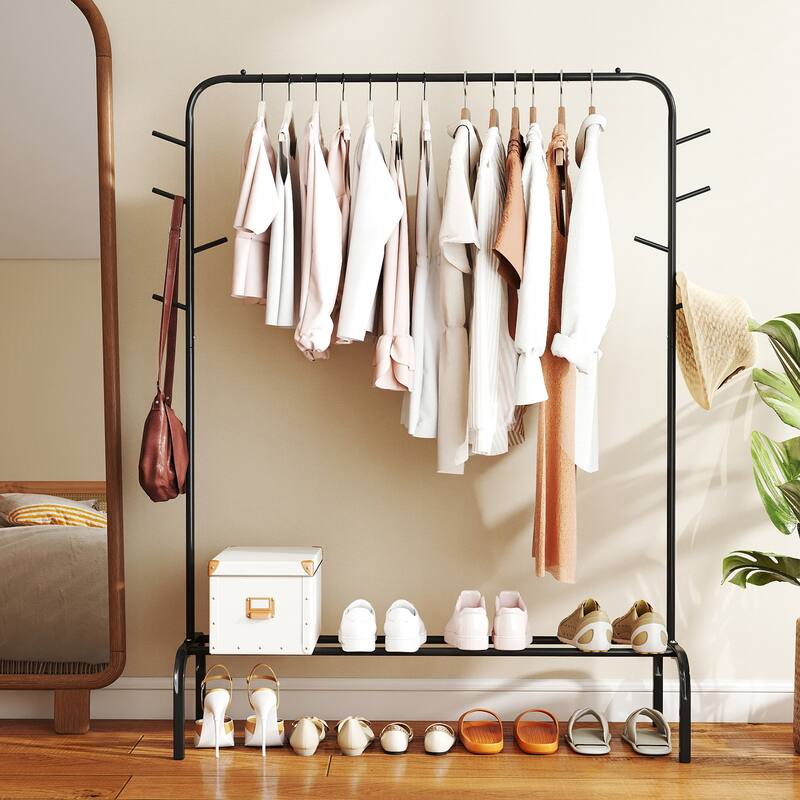 Gymax 50-Inch Wide Metal Garment Wardrobe Rack w/8 Hooks & Storage