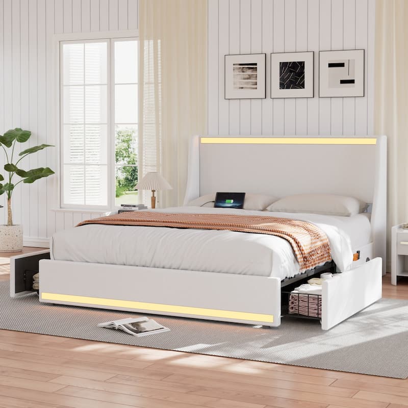 VECELO Modern LED Upholstered Platform Bed Frame with 2 Storage Drawers, USB & Type-C Ports, Full/Queen Size Bed - White - Full