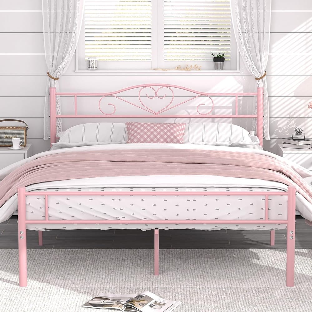 VECELO Victoria Metal Platform Bed Frames with Heart Pattern Headboard 12.6" Underbed Space No Box Spring Required