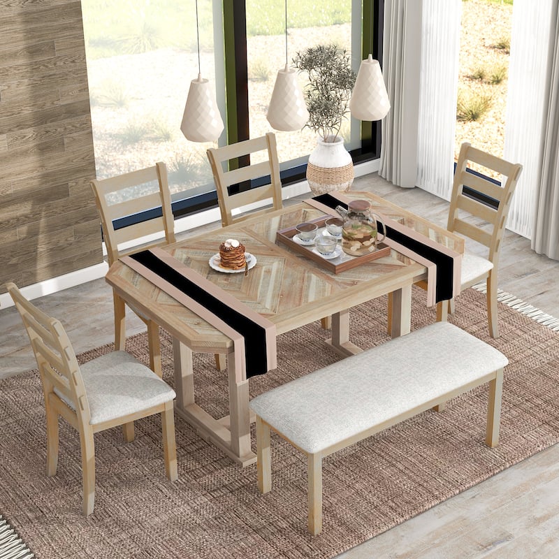 6-Piece Dining Set with Wood Grain Pattern Tabletop and Soft Cushion Chairs