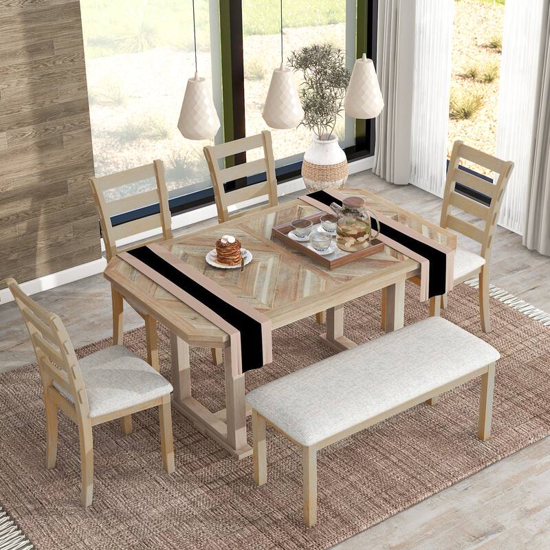 6Piece Distressed Dining Table Set with Soft Upholstered Chairs & Bench Rustic Charm, Rubber