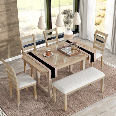 6-Piece Wood Dining Table Set with 4 Upholstered Chairs and a Bench