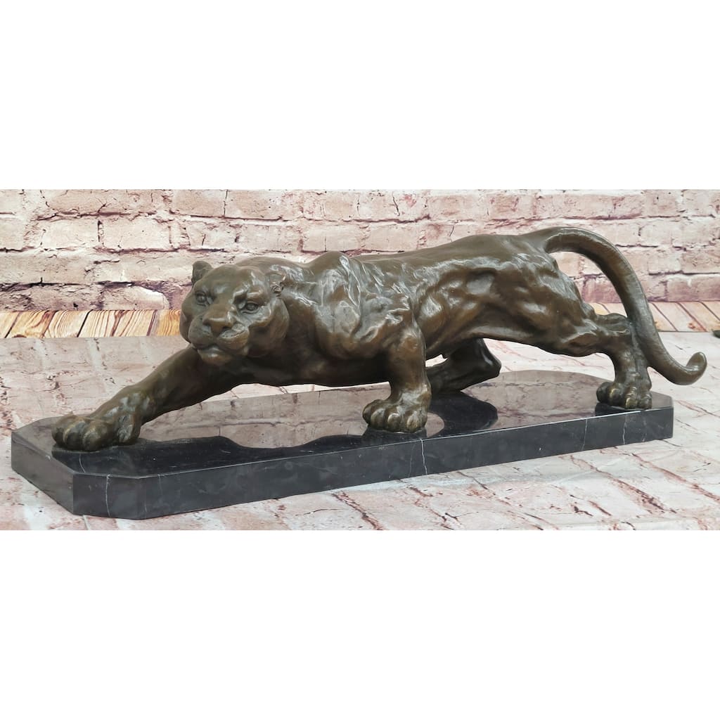 Stalking Panther Cougar Lioness Bronze Sculpture Statue Figure Art On Marble Base